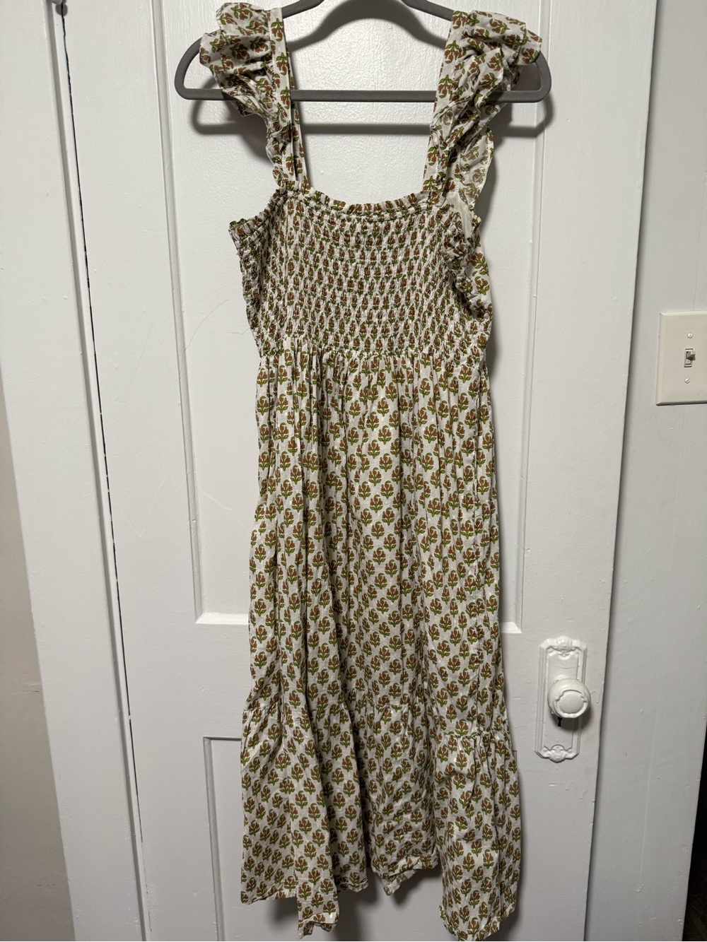 Smocked White Midi Dress with Olive Floral Print - Picture 2 of 4